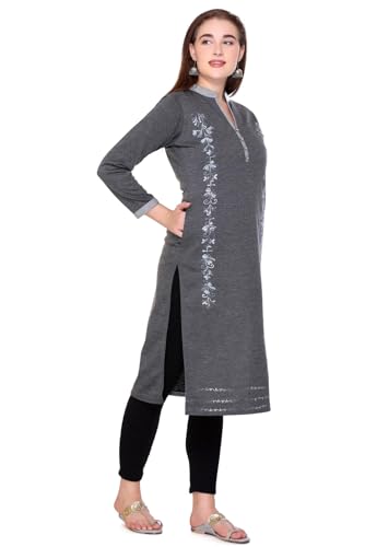 Image of Rosary Women's Winter Woolen Kurti Embroidered Straight Fit Ethnic Wear with 2 Side Pockets