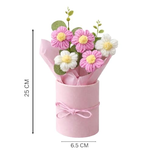 Image of Handmade Crochet Flower Bouquet with Gift Box - Pink & White Knitted Artificial Floral Arrangement, Hand Woven Yarn Flowers for Desk Decor, Car Decoration, Bedroom, Wedding