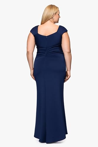 Image of Xscape Women's Long Bodycon Formal Evening Gown with Cap Sleeves, Asymmetrical Neckline, Ruched Bodice and Front Slit