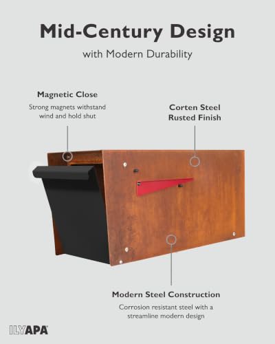 Image of Ilyapa Modern Mailbox for Post Mount - Corten Steel Rusted Finish with Black Door Powder Coated Steel, with Recessed Magnetic Close Door
