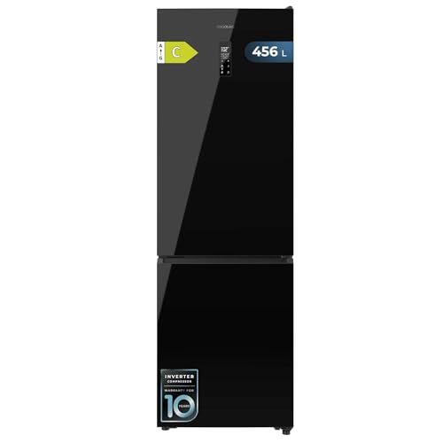 Cecotec Frigorífico Combi 456L Total No Frost Bolero CoolMarket Combi 456 Black Glass C. Altura 201cm y 59,5cm Ancho, MAX INSIDE con VIP Tech, Compresor Inverter Plus, Bajo Consumo, Bandejas Cristal