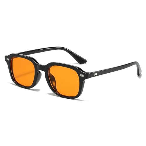 RUNHUIS Retro Quadratische Sonnenbrille, Vintage Rechteck Sonnenbrille für Damen Herren, Klassische Mode Brillen (Schwarz/Orange)
