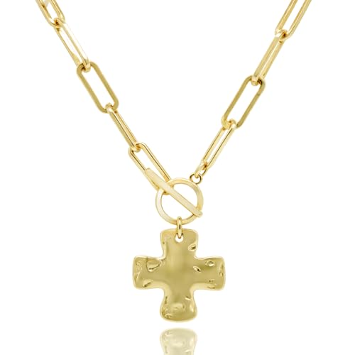 Gold Chunky Cross Necklace for Women - Statement Layered Hammered Cross Pendant Jewelry with Vintage Toggle Clasp, Bold Paperclip Chain Necklace Gift for Her3