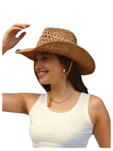 RoseSeek Womens Western Cowgirl Hats Braided Straw Boho Sun Hats Country Concert Outfits Khaki One-Size