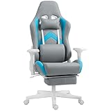 HOMCOM Silla Gaming Silla Gamer Reclinable con Altura Ajustable Reposapiés Retráctil Soporte Lumbar y Reposacabezas Desmontable Silla para Oficina Estudio Gris Claro y Azul