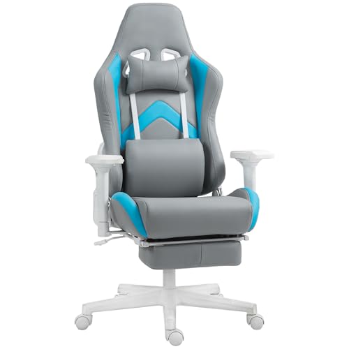 HOMCOM Silla Gaming Silla Gamer Reclinable con Altura Ajustable Reposapiés Retráctil Soporte Lumbar y Reposacabezas Desmontable Silla para Oficina Estudio Gris Claro y Azul