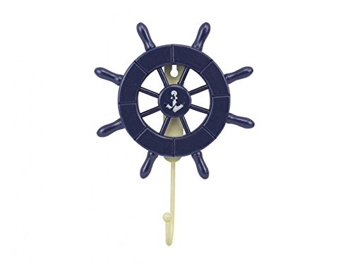 Handcrafted Nautical Decor Dark Blue Decorative Ship Wheel with Anchor with Hook 6" - Wooden Ships Wheel -