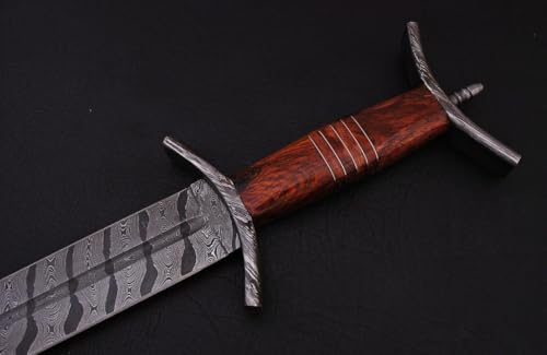 Empire 32 Inch Long Double Edge Sword - Handmade Damascus Steel Cable Twist Pattern Combat Sword with Leather Sheath, Rose Wood Grip, Medieval Sword - Collectible, Best Gift for Him