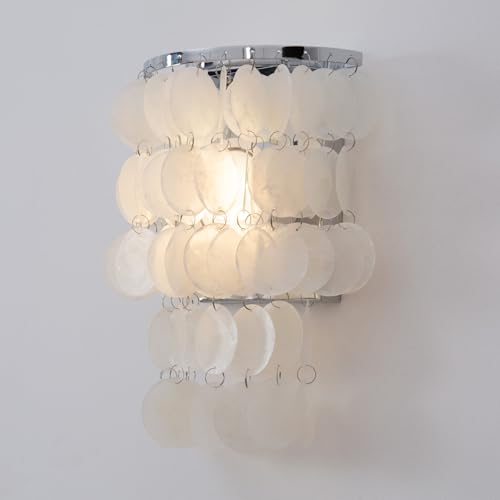 Image of Battery Powered Sconces Wall Lighting Fixture with Nature White Shell Shades, Wireless Tiered Seashell Wall Mounted Lamp for Bedside Nightstand Light Bedroom Hallway