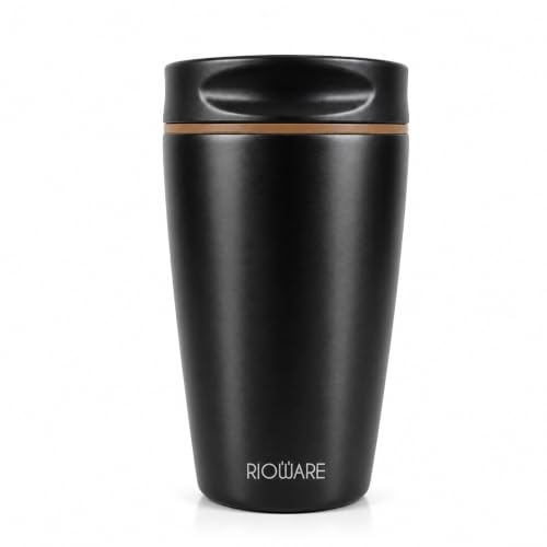 Image of Rioware Vacuum Insulated Coffee Mug Travel Tumbler for Men | Tea Thermos Flask Mugs | Temperature Control Traveling Spill Proof Sipper Bottle | Hot 8 Hrs & Cold 12 Hrs - 350ml - Black