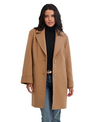Image of TAHARI Womens Relaxed Double-faced Soft Wool Topper Coat With Front Buttons, Roll Cuffs & Pick Stitch Detail