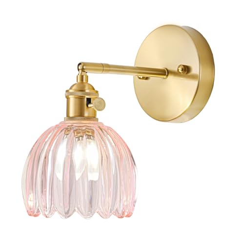 Image of Hardwired Wall Sconce Light, Vintage Wall Sconce with Switch, Gold Wall Light Fixture with Tulip Pink Glass Lampshade, Indoor Wall Light for Bedroom Bathroom, Bedside Wall Lamp
