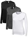 WANAYOU Women's 3 Pack Compression Shirt Dry Fit Long Sleeve Running Athletic T-Shirt Base Layer Workout Tops for Running Yoga Undershirts Baselayer Gym Hiking White Black Grey L