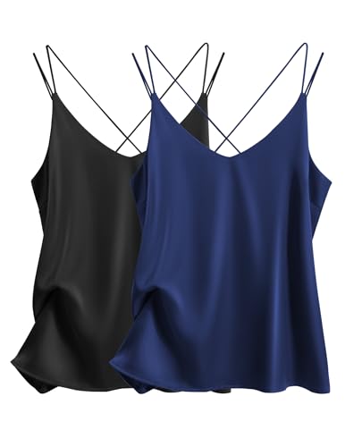 Image of Ekouaer Womens 2-Pack Silk Satin Camisole Tank Top V Neck Sexy Cross Back Spaghetti Strap Cami Sleeveless Lounge Tops S-XXL