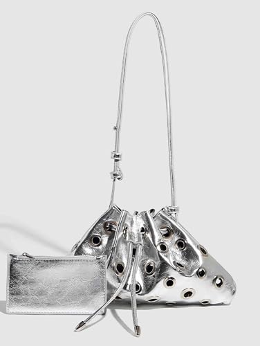 silver y2k purse for women, cool sparkly bucket purse, cute aesthetic fashion bag, small silver clutch bag3
