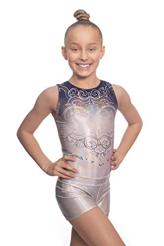Velocity Dancewear Elegant Glänzend Metallic Folie Ärmellos Tank Gymnastik Turnanzug für Mädchen und Gym Shorts Set Combo (14-15 Jahre, Größe 36) Cover