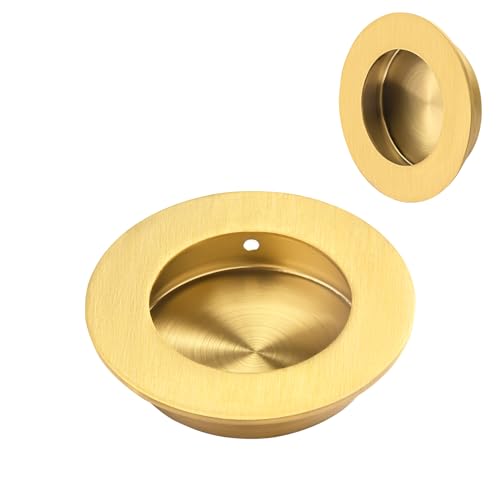 HOMOTEK Lot de 2 poignées de porte de placard coulissantes rondes de 65 mm de diamètre - Or brossé - Poignées de porte de grange encastrées en acier inoxydable