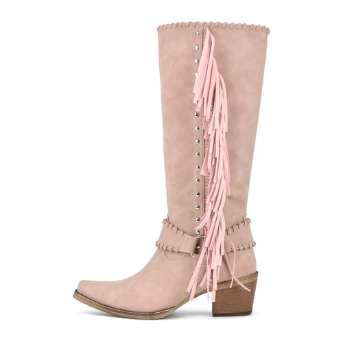 sexytag Fringe Wide Calf Cowboy Boots Studded Knee High Cowgirl Boots Tall Fashion Western Boot