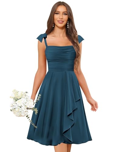 Short Chiffon Bridesmaid Dresses for Women Square Neck Ruffle Formal Dresses Ruched