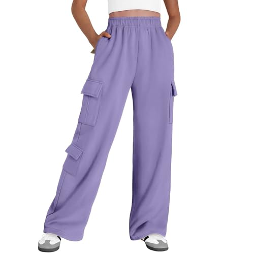 Women Wide Leg Baggy Track Pant with Pockets Loose Fit Drawstring High Waist Pants Casual Lounge Work Trousers Light Purple