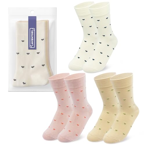 Image of Women's Cute Heart Pattern Crew Socks - 3 Pairs Colorful Novelty Gift Set - Soft Cotton Cozy Socks for Casual Wear