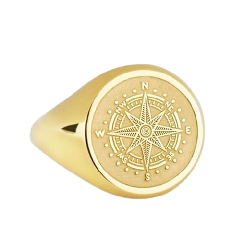 Boussole en argent sterling 925 bague plaquée or avec chevalière ronde unique