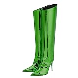 Arqa Women's Metallic Knee High Boots Stiletto High Heels Wide Calf Boot with Zipper Pointed Toe Dressy Booties Chrome Green Size 8.5