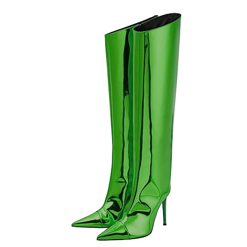 Image of Arqa Knee High Boots for Women Wide Calf 4 in Stiletto High Heel Metallic Boots Winter Chrome Zipper Long Boots Dressy Party Shoes