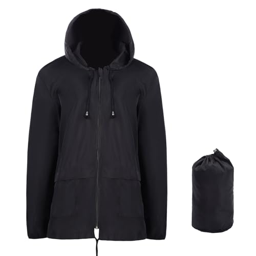 Leichte wasserdichte Damenjacke, verstaubarer Regenmantel, Regenjacke mit Kapuze für Outdoor-Wandern, Laufen, Radfahren, Schwarz , 3XL