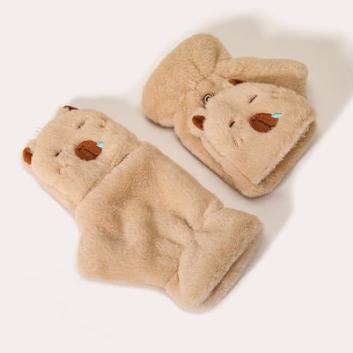 Capybara Plush Gloves Cute Kids Winter Gloves Flip Cover Touchscreen Half Finger Mittens Outdoor Windproof Warm Glove for Girls2