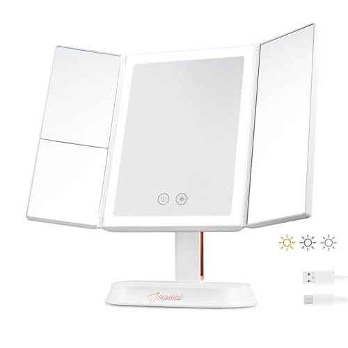 Imperio White Rose Gold Trifold Vanity Mirror with 60 LED Lights, Dimmable, 5X & 7X Magnification, Portable & Rechargeable Makeup, Light for Dressing Table - LED, Magnifying Desk