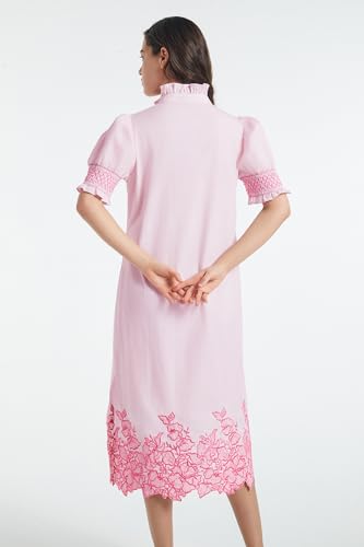 Image of Women's Summer Embroidered Midi Dress 2026 Button Down Short Sleeve Floral Shirt Dress