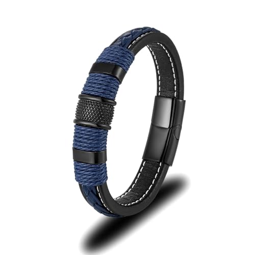 Bracelet homme tressé bleu et cuir noir punk : idée cadeau idéale