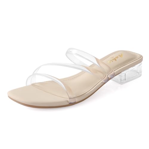 Image of Ankis Black Nude White Strappy Heels Women 1 Inch Low Chunky Block Heel Heeled Sandals Square Open Toe Slip On Slides Mules