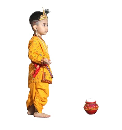 Image of Kaku Fancy Dresses Krishna Costume for Kids, Baby Krishna Dress for Janmashtami, Bal Krishna Dhoti Set, Krishnaleela Costume, Infant Bal Gopal, Krishna Fancy Dress Costume for Boys /Girls