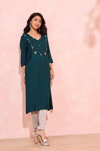 Image of Taneira Women Viscose Mukaish Blue Kurta for Women (KUAI83XBM-Blue-M)
