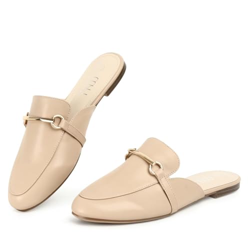 Image of MUSSHOE Gold Buckle Mules for Women - Comfortable Memory Foam Loafers, Classy Slip On Flats for Office Business Casual, Dressy Pointed Toe Shoes