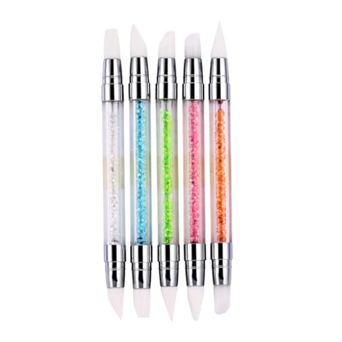OSOLADY 5Pcs Double Ended Silicone Nail Art Brush with Diamond Handle Manicure Tool for Painting Carving and Drawing Fine Lines Durable Design