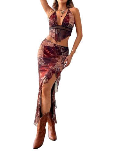 Image of Verdusa Women's 2 Piece Boho Skirt Sets Going Out Backless Halter Top with Split Skirt Rave Festival Outfits Western Clothes