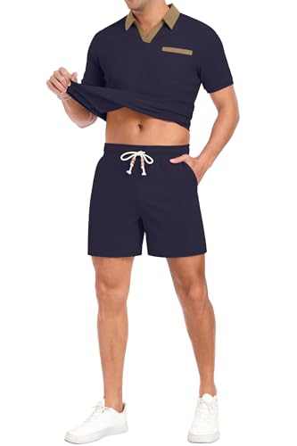 PrinStory Men's Summer Track Suits Waffle Knit Polo Shirt and Shorts Set Casual 2 Pieces Outfits with Pockets3