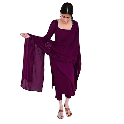 Image of Anveri Textiles Women's Cotton Blend Kurti with Square Neck Long Sleeves Solid Pattern A Line Style Ankle Length and Dupatta Set