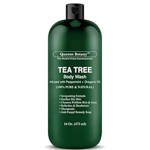 Queens Botany Tea Tree Body Wash-Fights Body Odor,Athlete’s Foot, Jock Itch,Dandruff, Acne and Nail Issues-Shower Gel for Women & Men, Eucalyptus+Mint Skin Cleanser (16 fl oz) (QBTT-16)