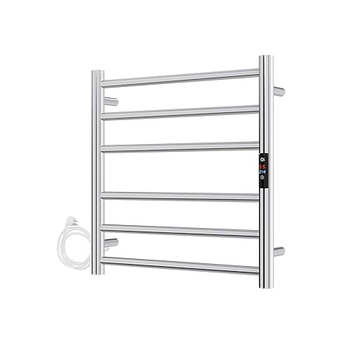 Antioch Stainless Steel 304 Electric Towel Warmer Heated Towel Rail with Built-in Timer for Bathroom Wall Mounted Plug in Towel Rack Polished Chrome 620mm x 600mm