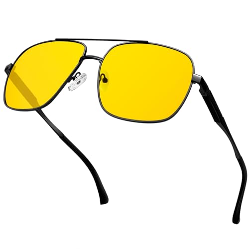 KANASTAL Grandes Gafas Conducir Noche Amarillas Hombre y Mujer Metal Polarizadas Conducción Nocturna Yellow Night Driving Glasses UV400   Negras Montura Amarillo Lentes