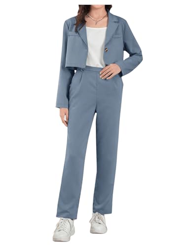 Image of Milumia Girl's 2 Piece Outfits Lapel Collar Button Open Front Long Sleeve Blazer and Pants Set