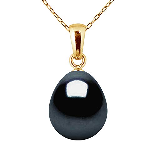 PEARLS & COLORS - Pendentif Véritable Perle de Culture d'Eau Douce Poire 10-11 mm - Qualité AAA+ - Black Tahiti - Disponible en Or Jaune et Or Blanc - Bijou...