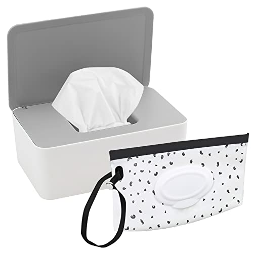 2 Pack Gray Baby Wipe Dispenser, Portable Wet Wipe Pouch, Travel Wipes Case Reusable Travel Wet Wipe Pouch for Bathroom Baby Nursery with Cover Sealed Plastic Storage Box
