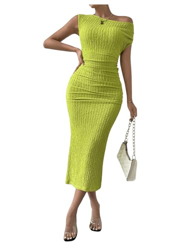 Image of SOLY HUX Women's Off Shoulder Short Sleeve Ruched Bodycon Dress Pencil Midi Dresses Solid Green Large