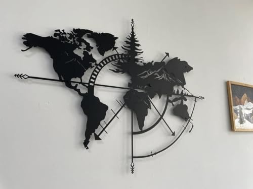 Image of World Map Wall Art World Map Mountains 3D for Home Decor | Wall Sculpture Home Decoration | Metal Art | Metal Wall Art | Home Wall Hangings Metal Decor (Black (58 x 50 cm)
