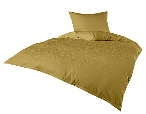 Bettwaesche-mit-Stil Mako Satin Damast Bettwäsche Ornament Garnitur 100% Baumwolle 155x220 + 80x80, Gold